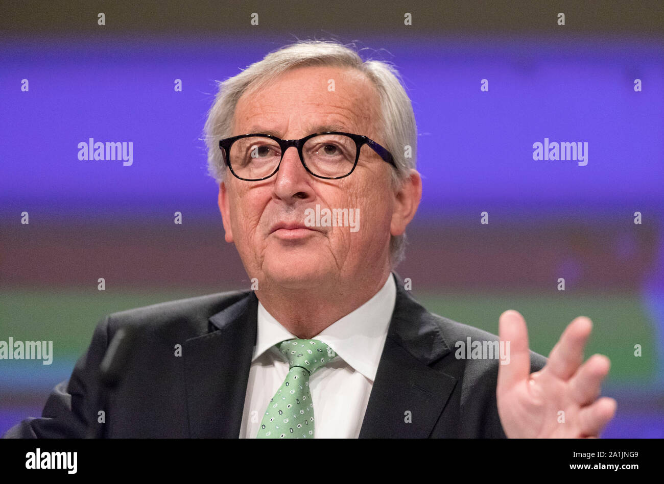 Il Belgio a Bruxelles in maggio 07, 2019: Jean Claude Juncker, presidente della Commissione europea, per partecipare ad una conferenza al Berlaymont, tenendo stock Foto Stock