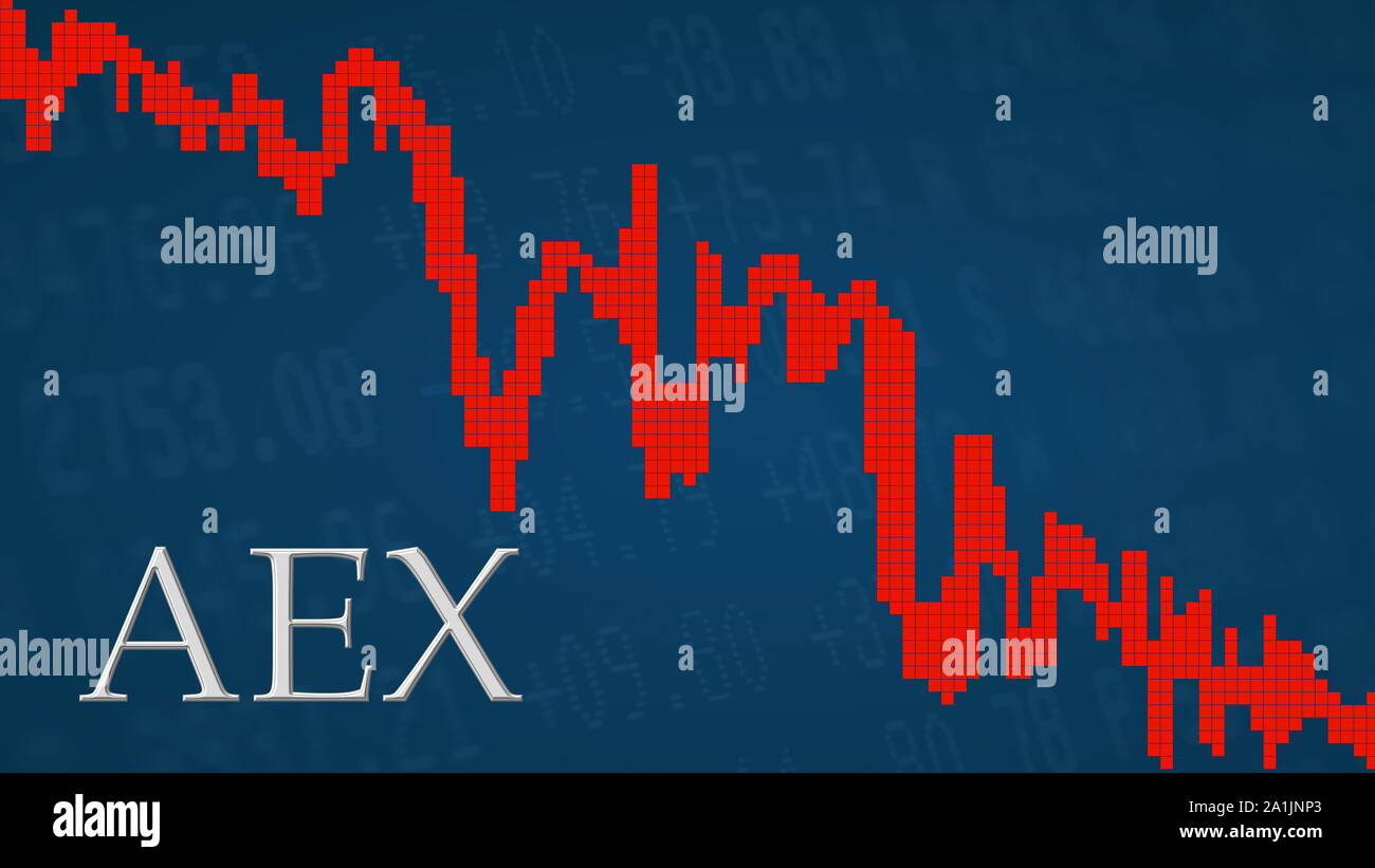 L'Amsterdam Exchange index AEX è caduta. Il grafico rosso accanto all'argento AEX titolo su sfondo blu è che mostra verso il basso e simboleggia la... Foto Stock