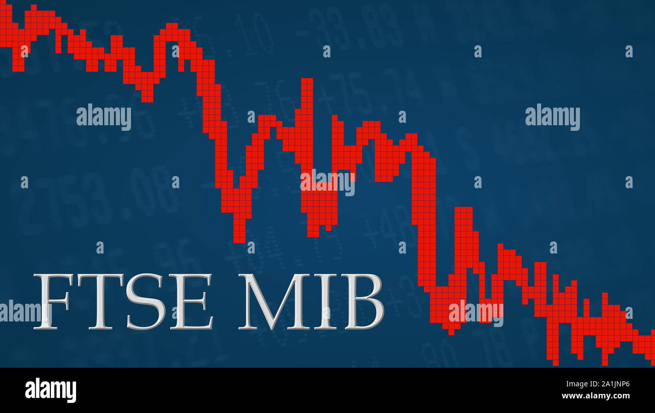 Il mercato azionario italiano indice FTSE MIB è caduta. Il grafico rosso  accanto all'argento FTSE MIB titolo su sfondo blu è che mostra verso il  basso e Foto stock - Alamy