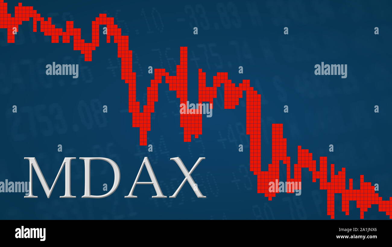 Mercato azionario tedesco MDAX indice è caduta. Il grafico rosso accanto all'argento MDAX titolo su sfondo blu è che mostra verso il basso e simboleggia... Foto Stock