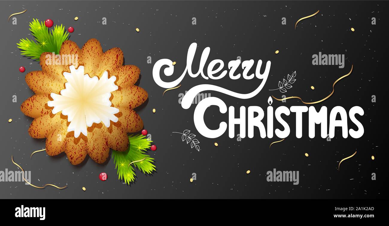Cartolina orizzontale su uno sfondo nero con biscotti di Natale e scritte a mano i caratteri Merry Christmas testo Illustrazione Vettoriale