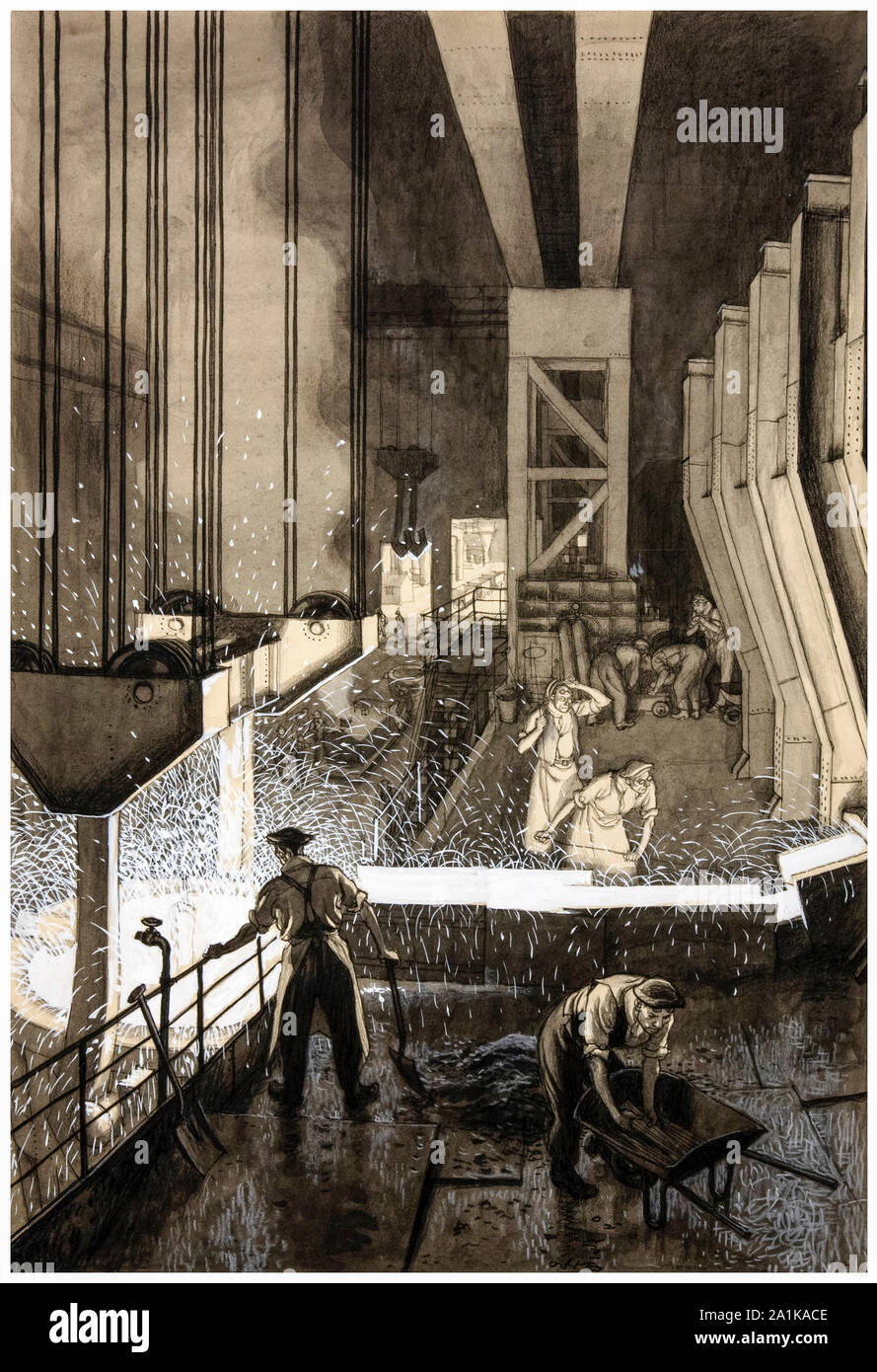 British, WW2, industria, fonderia scena (uomini supervisione, la colata di metallo fuso), poster, 1939-1946 Foto Stock