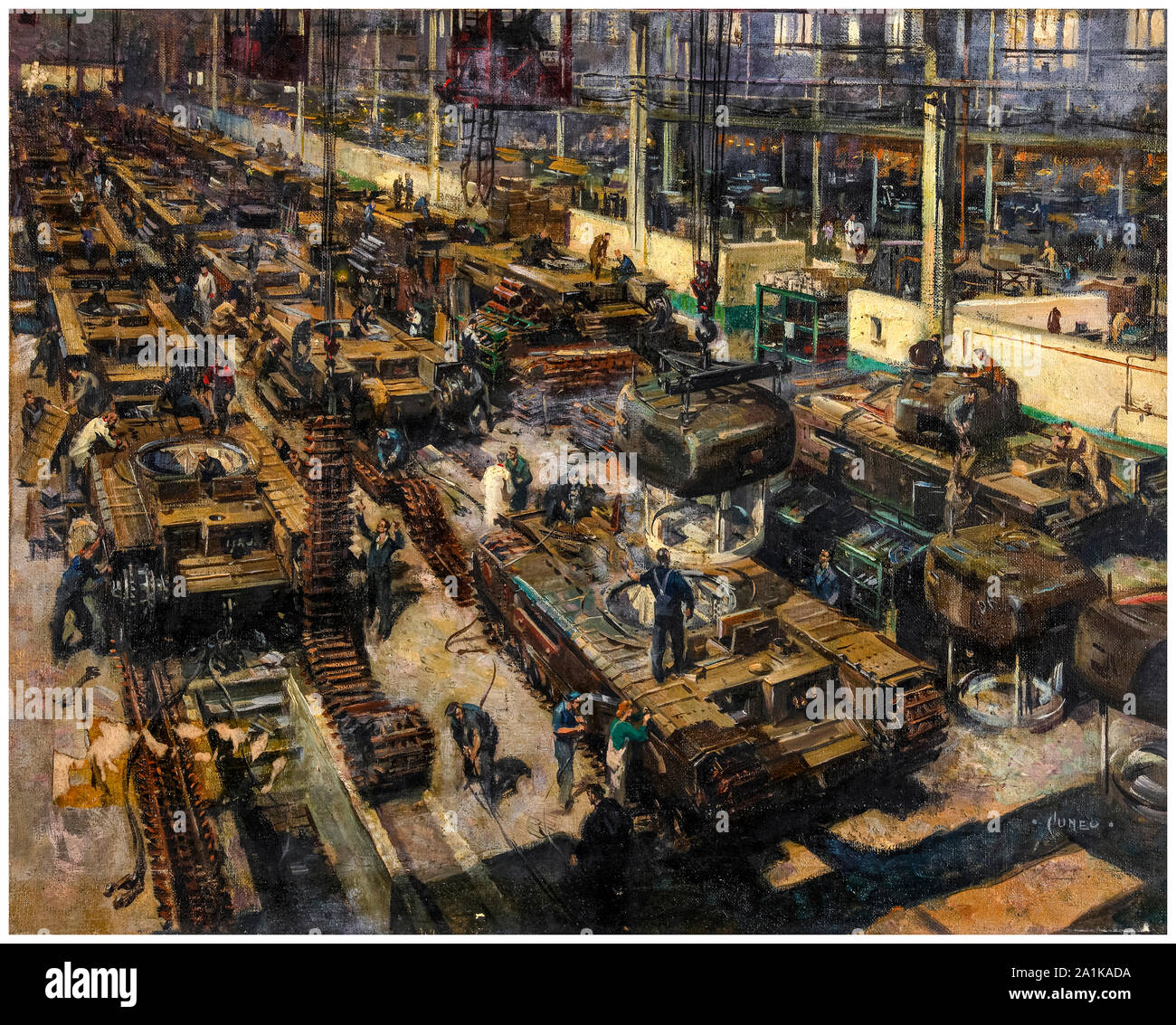 British, WW2, l'industria,produzione di serbatoio, lavoratori fabbricazione, Churchill serbatoi, su una fabbrica, la linea di produzione, il dipinto di Terence Cuneo, 1939-1946 Foto Stock