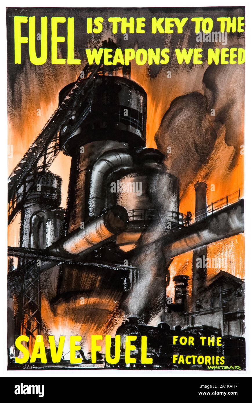 British, WW2, economia di carburante risparmio di carburante per le fabbriche, (esterno scena di fabbrica), poster, 1939-1946 Foto Stock