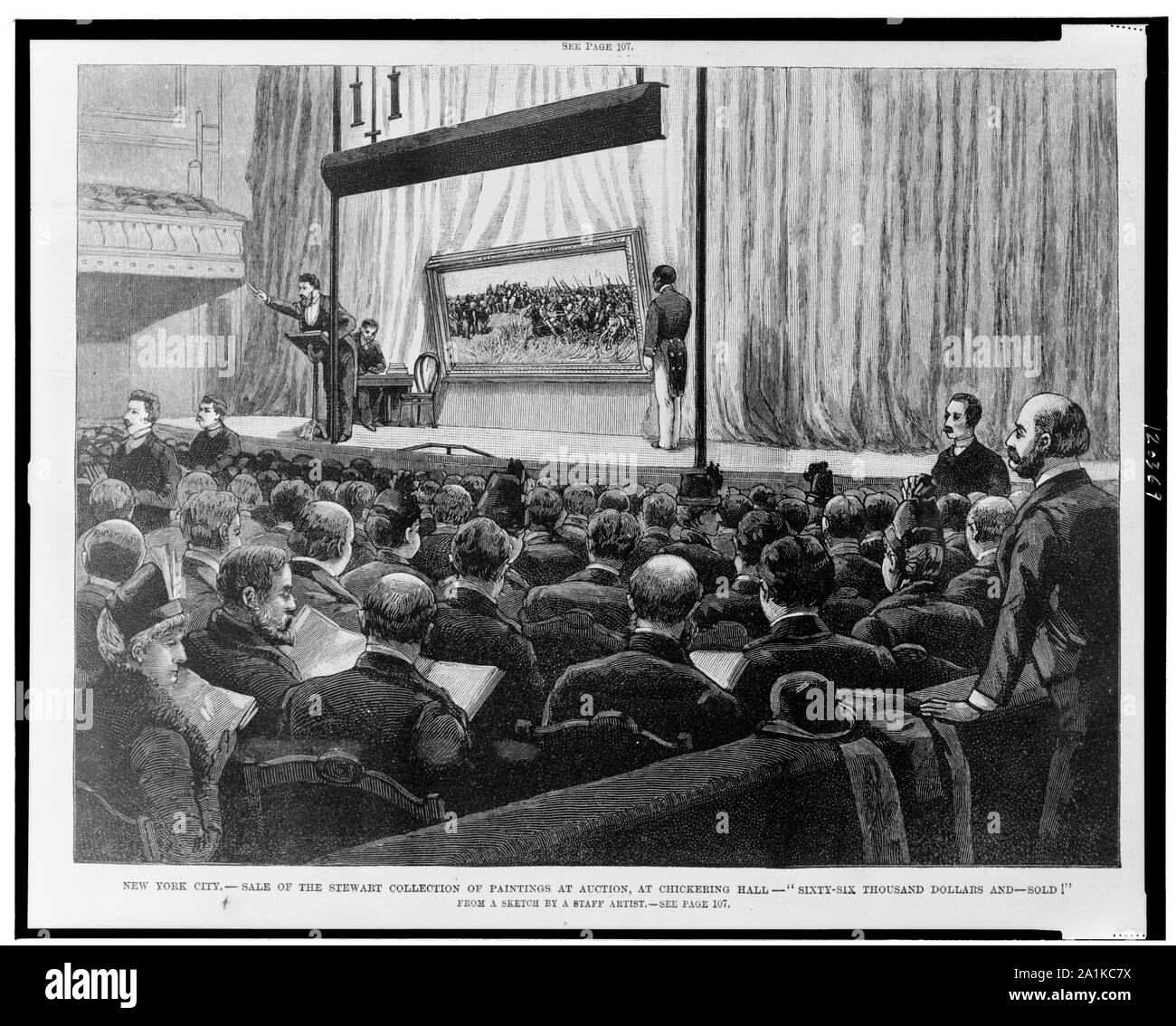 New York City--Vendita di Stewart collezione di dipinti all asta, a Chickering Hall--sessantasei migliaia di dollari e--venduto! / Da uno schizzo di un artista del personale. Foto Stock
