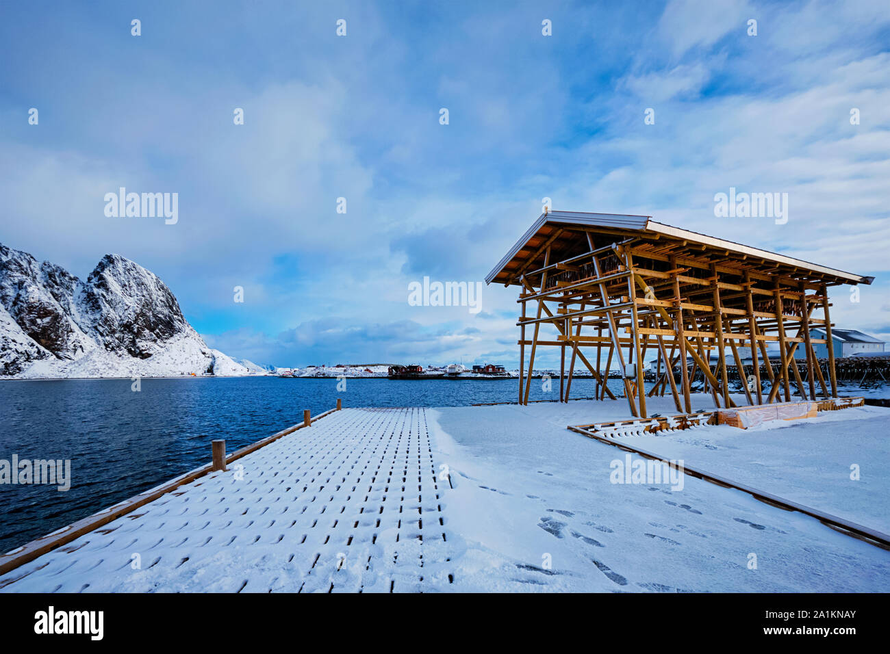 Fiocchi di essiccazione per stoccafisso baccalà in inverno. Isole Lofoten in Norvegia Foto Stock