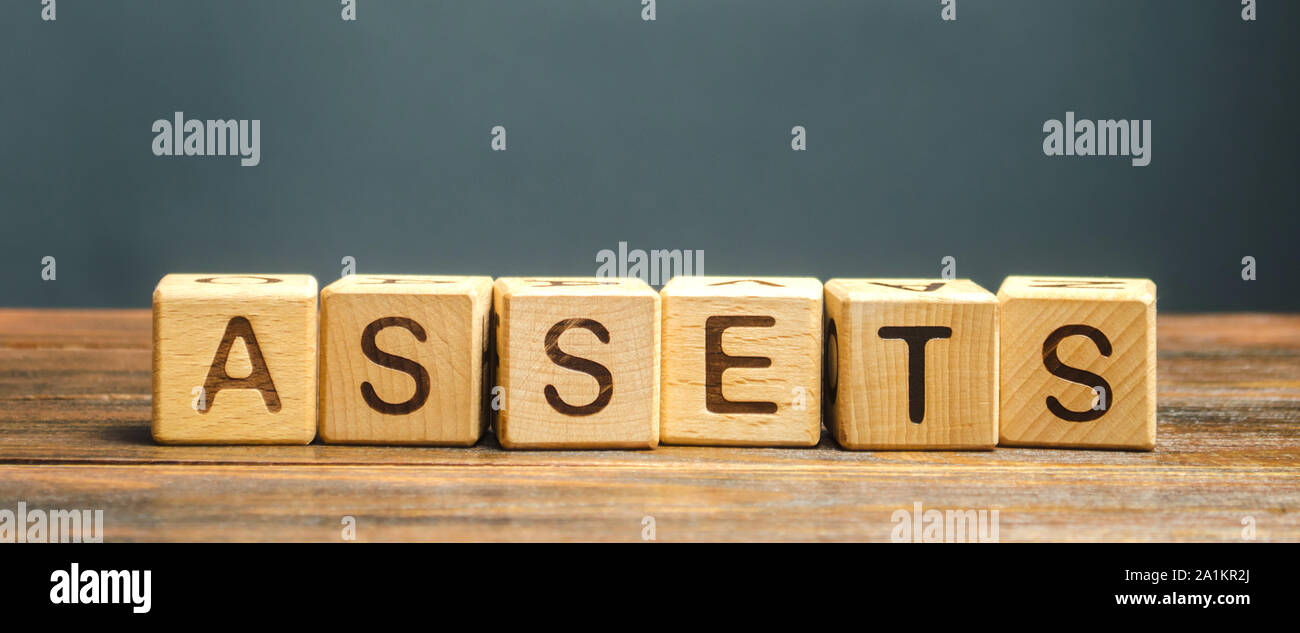 Blocchi di legno con la parola asset. La risorsa di proprietà dell'azienda. La contabilità finanziaria. Denaro e finanze. Disponibilità liquide equivalenti, i certificati di deposito Foto Stock