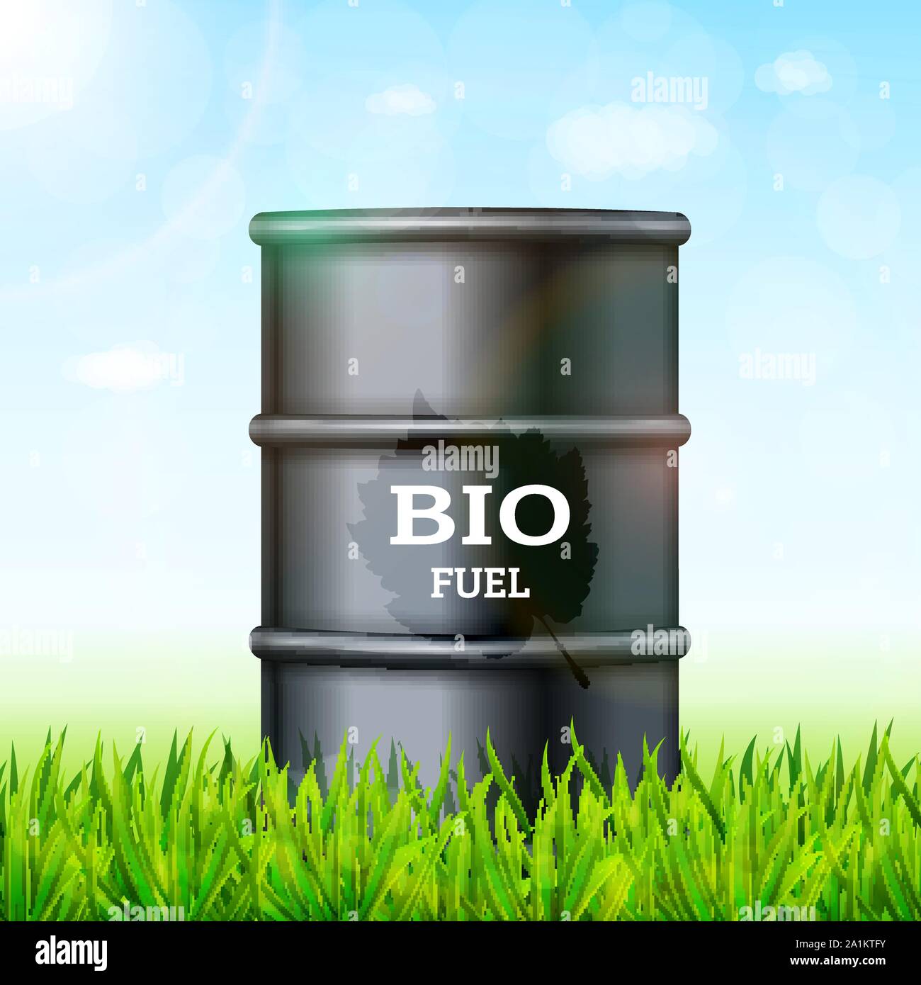 Cilindretto metallico con bio combustibile sull'erba verde vettore di fondo Illustrazione Vettoriale