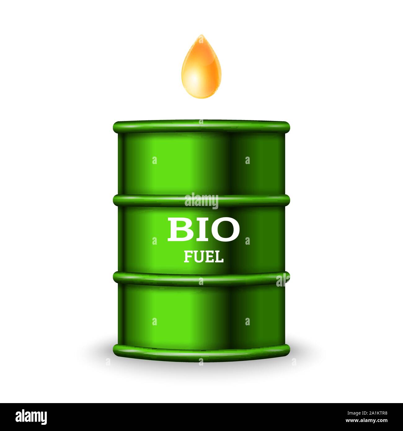 Green cilindretto metallico con bio carburante e olio di caduta su sfondo bianco vettore Illustrazione Vettoriale