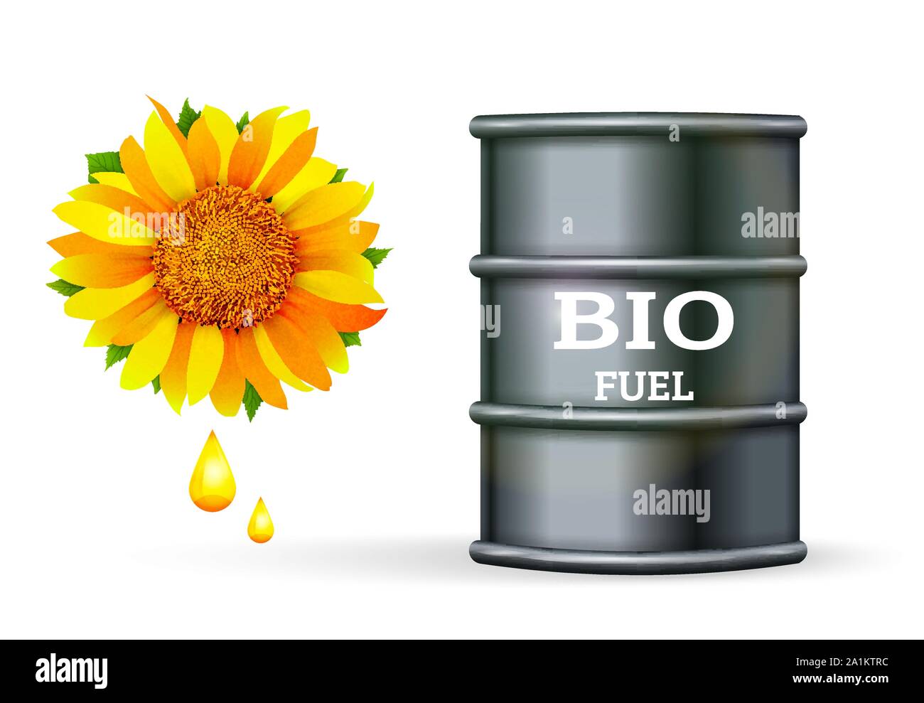 Cilindretto metallico con bio carburante e goccia d'olio di girasole su sfondo bianco vettore. Impianti di biocarburanti concept Illustrazione Vettoriale