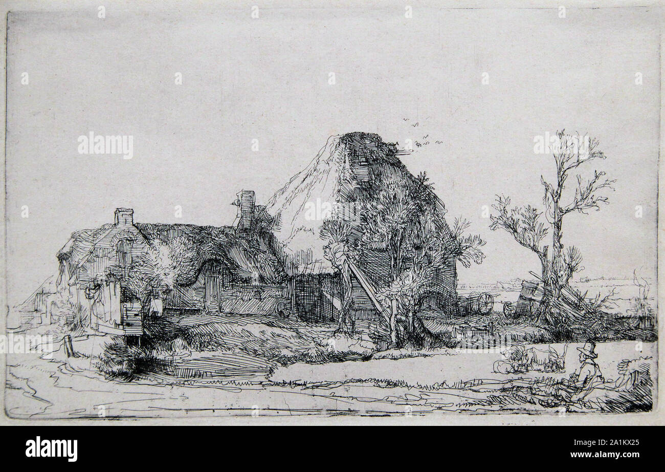 Paesaggio con fattoria e artista.etch da Rembrandt van Rijn olandese1606-1669 Foto Stock