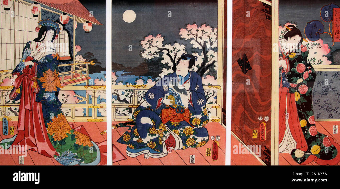 Il terzo mese da Utagawa Kunisada 1786-1865 una stampa giapponese che illustrano la bellezza stagionale del Giappone.Rappresentano la molla e rivelano un racconto giapponese. Foto Stock