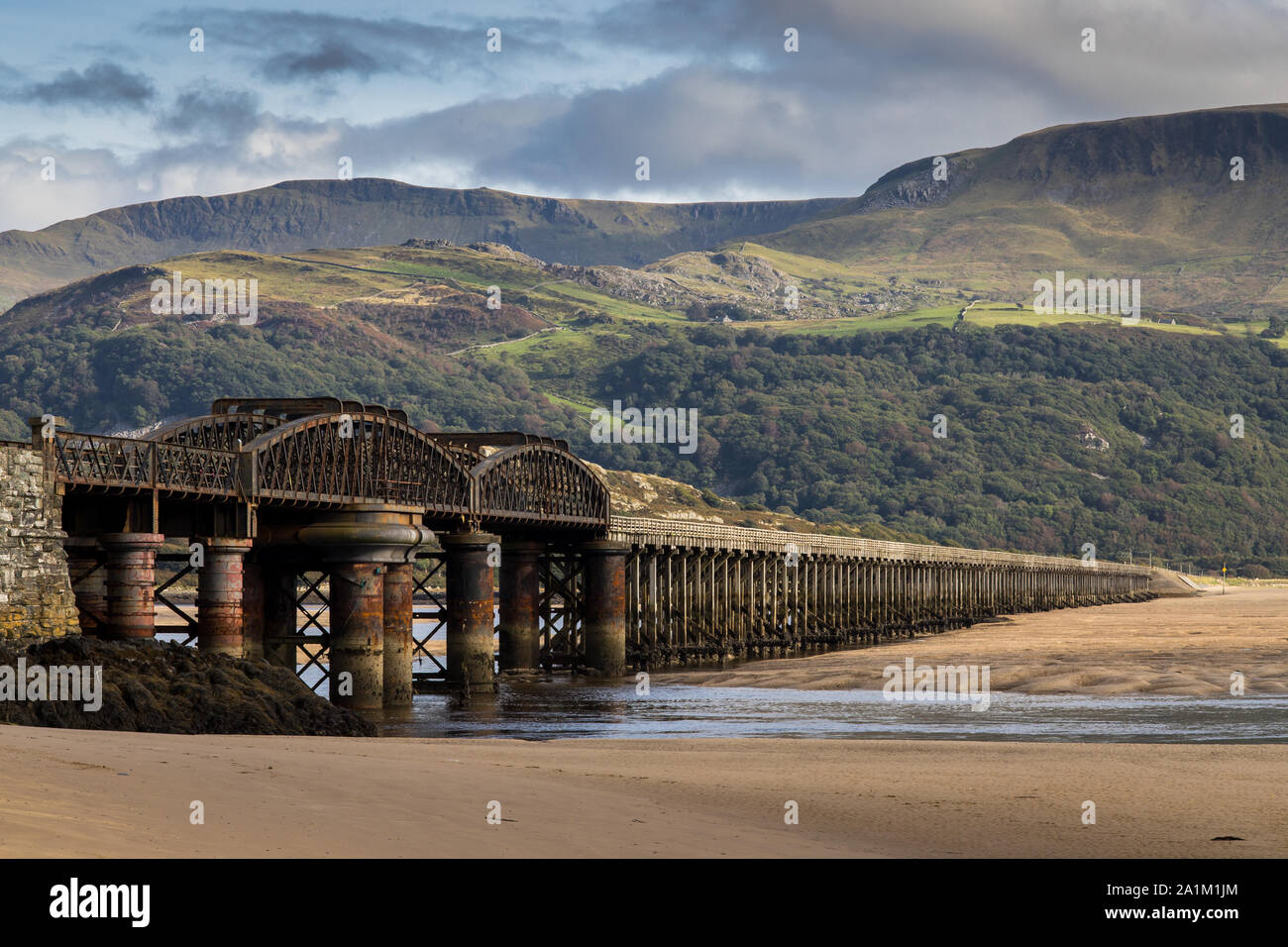 Ponte Ferroviario sul fiume Mawddach Estuary, Barmouth, Gwynedd, Galles Foto Stock
