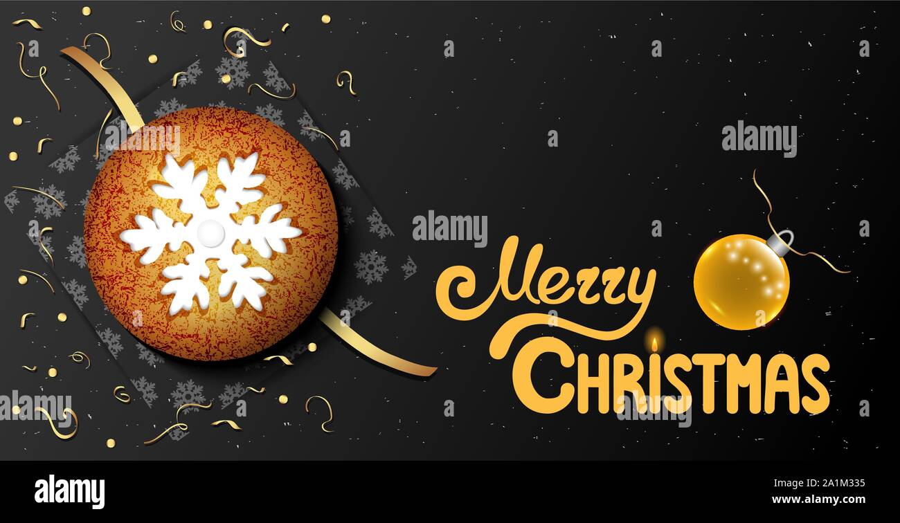 Cartolina orizzontale su uno sfondo nero con round biscotti di Natale e scritte a mano i caratteri Merry Christmas testo Illustrazione Vettoriale