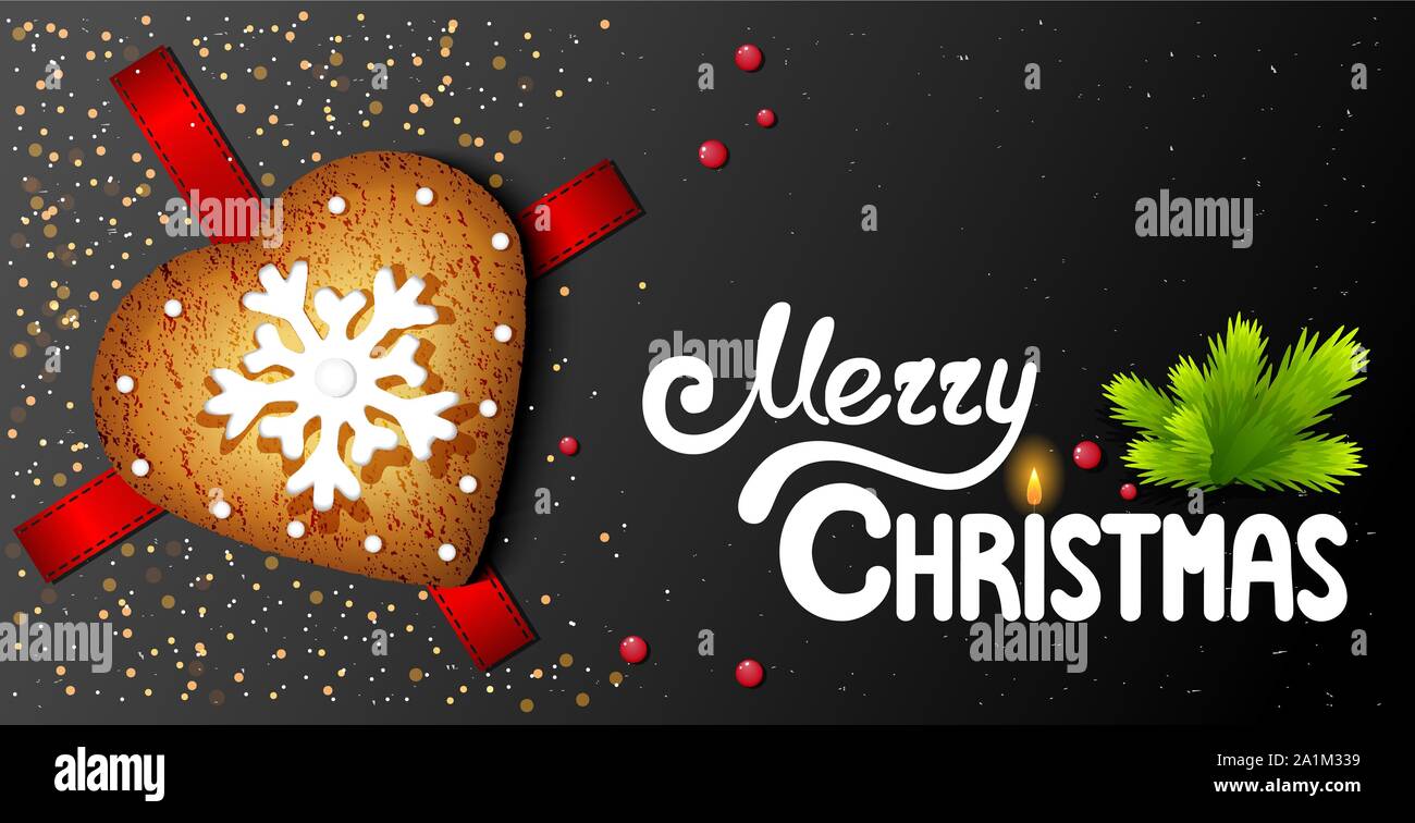 Cartolina orizzontale su uno sfondo nero con la forma di un cuore biscotti di Natale e scritte a mano i caratteri Merry Christmas testo Illustrazione Vettoriale