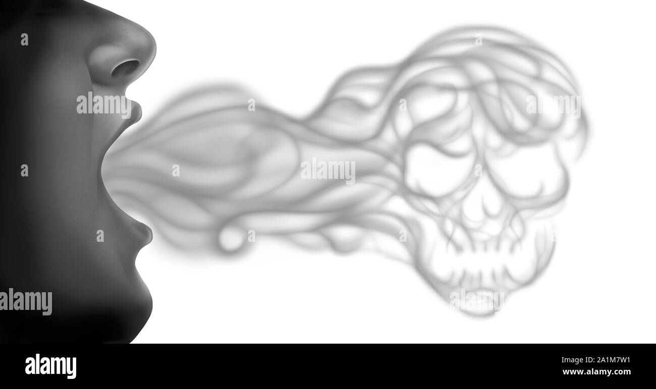 Vaping di morte e malattia polmonare dei rischi per la salute come una persona di esalazione di fumi vapore o vapore a forma di teschio umano da una sigaretta elettronica. Foto Stock