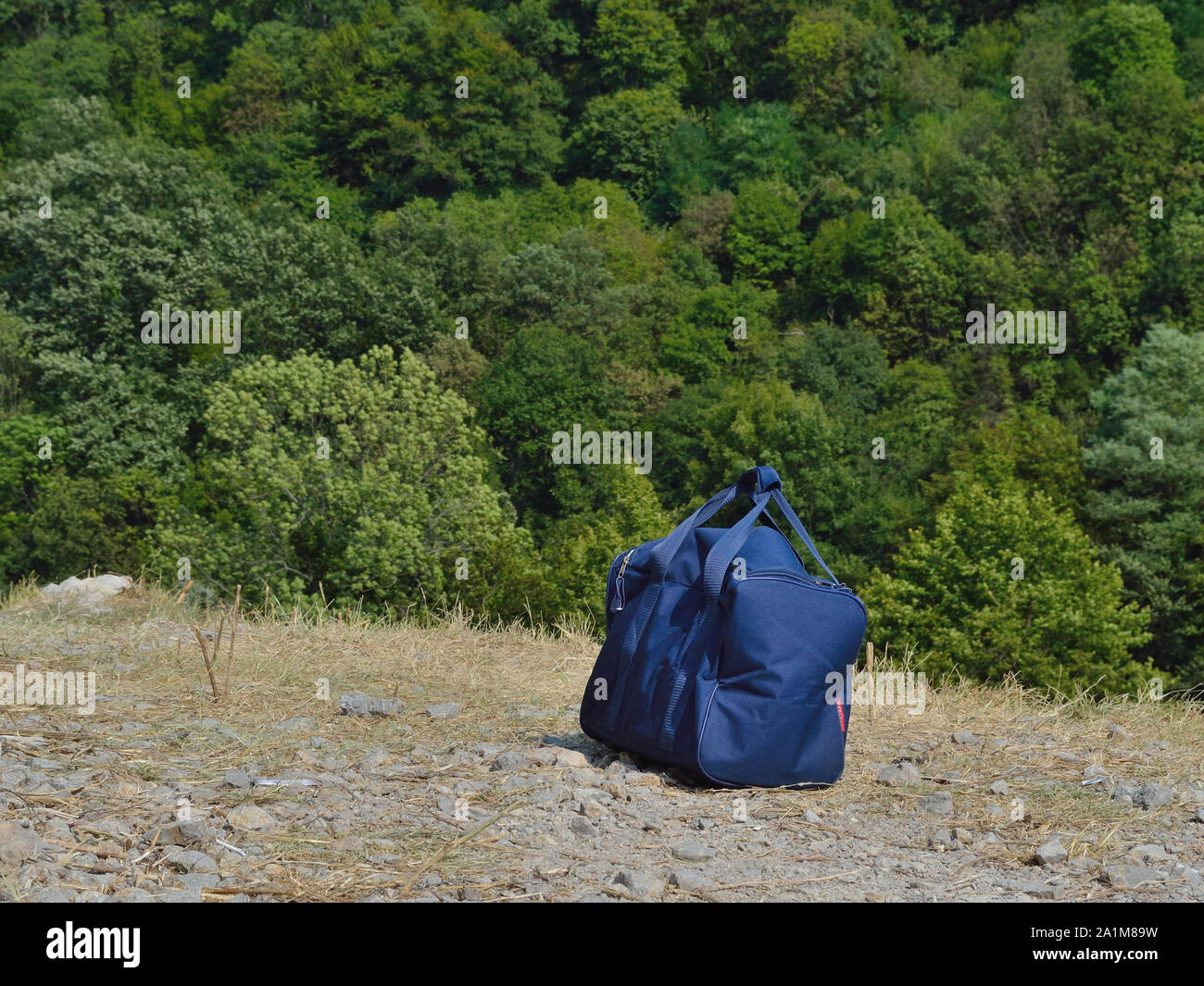 Blu borsa picnic su mountain forest view Foto Stock