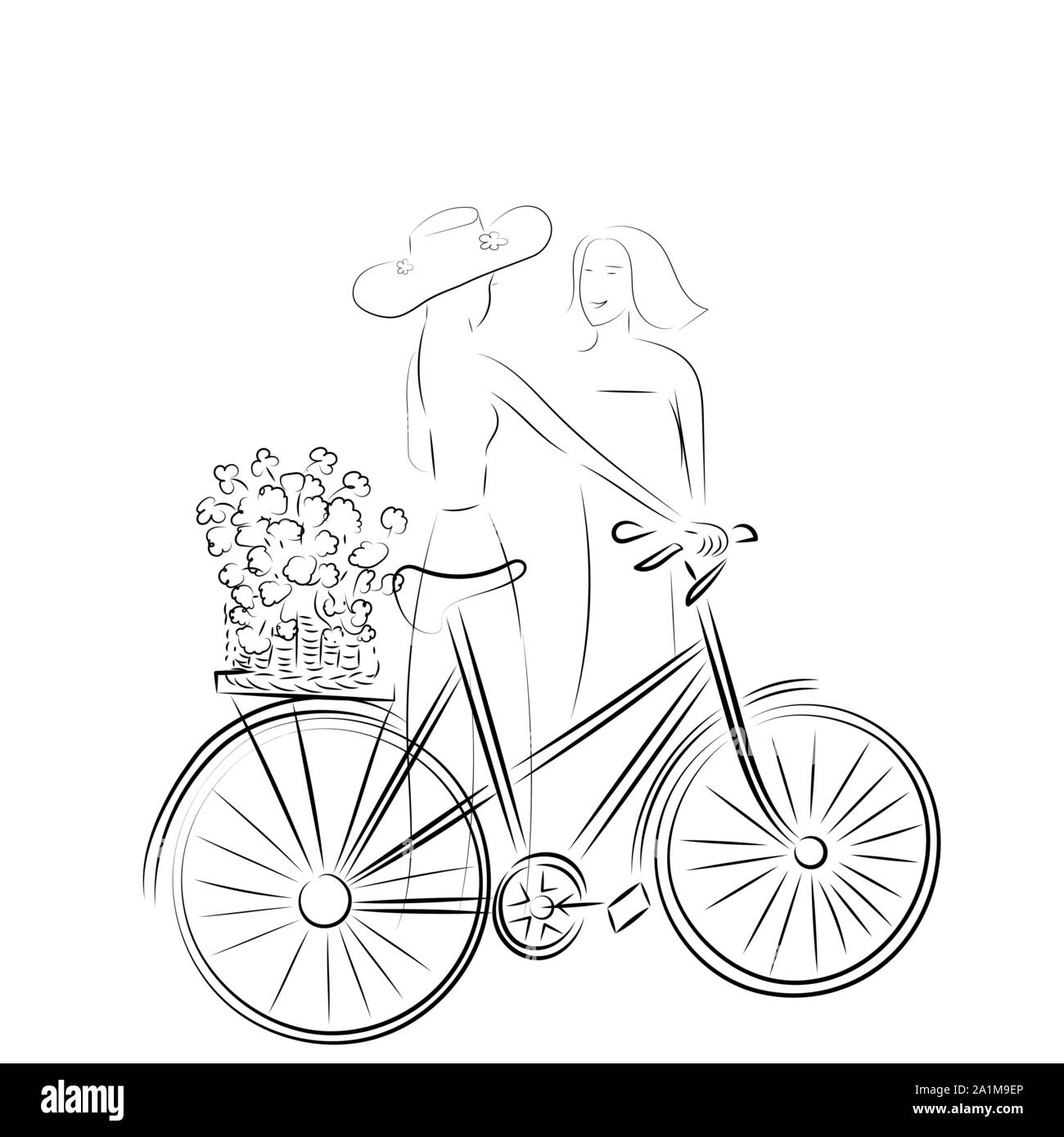Una signora sta parlando a un altro e in possesso di una bicicletta con fiori in un cestello. Illustrazione Vettoriale