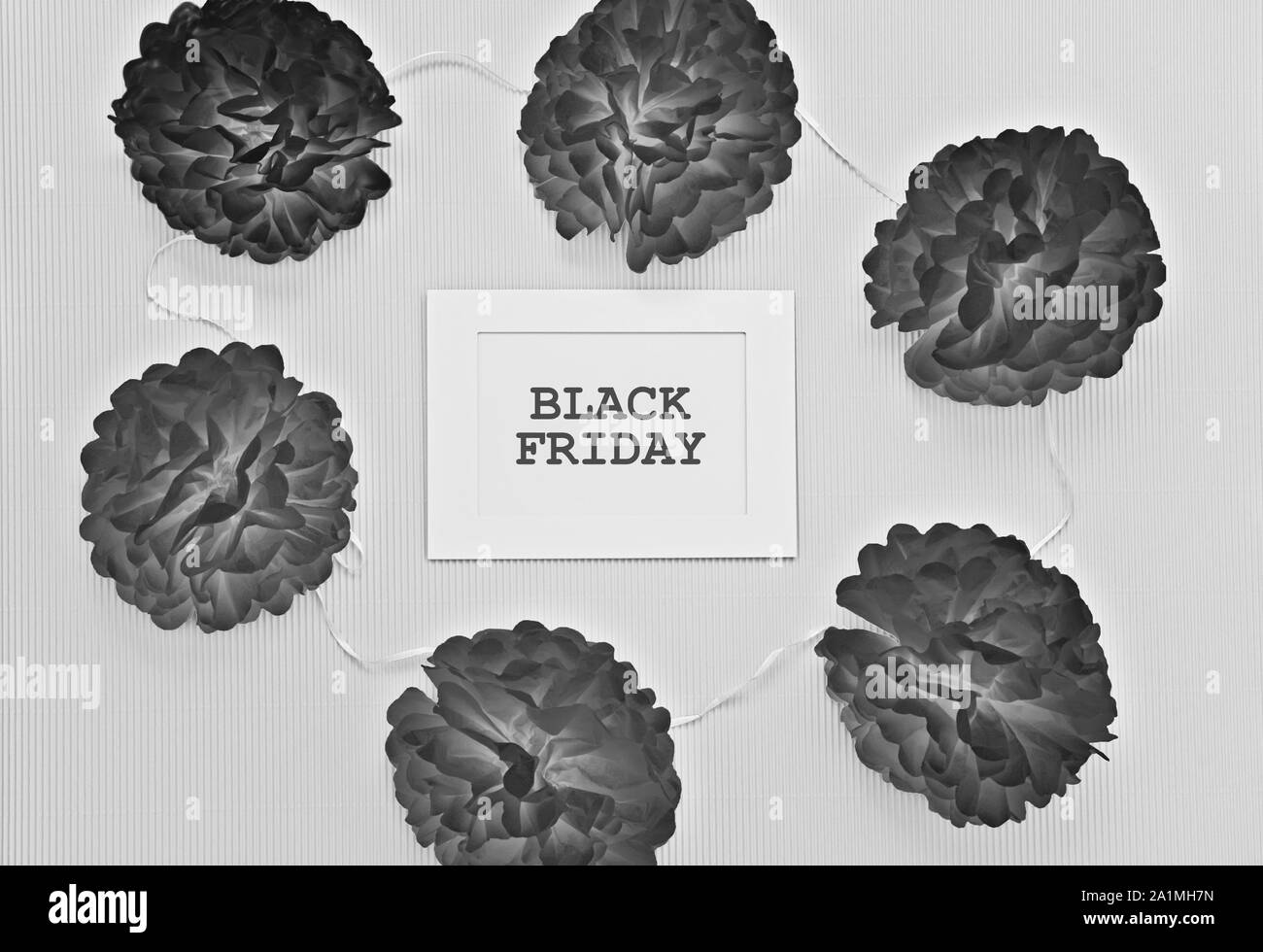 Bianco e nero composizione con carta cuted fiori e cornice bianca con testo nero venerdì. Modello a novembre il concetto di vendita Foto Stock