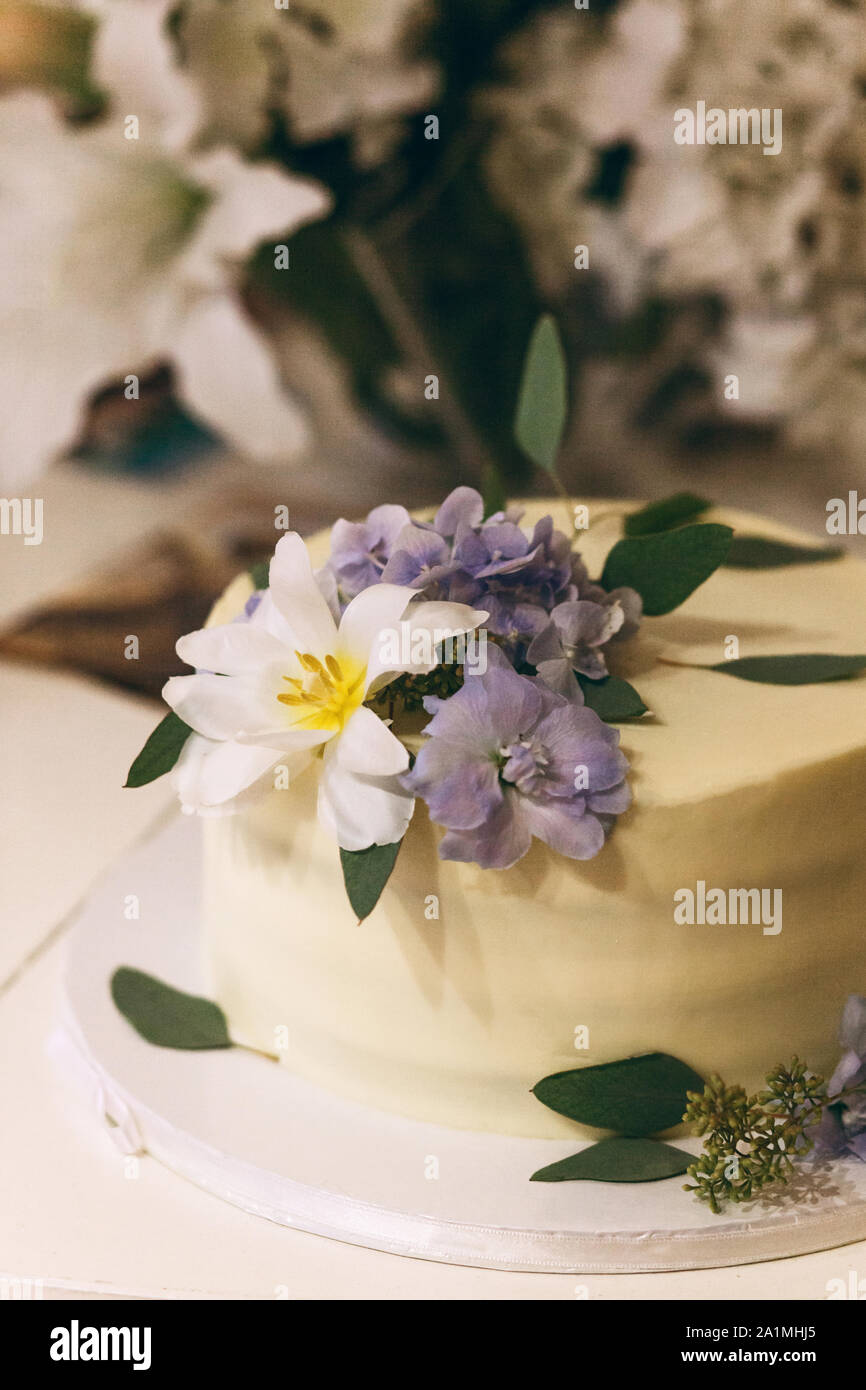 Close-up di una torta decorata con vibranti, bianco e azzurro fiori. Foto Stock