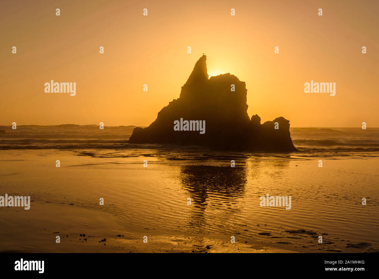 Stack di mare e sole di setting, Arcadia Beach Stato Scenic Area, Oregon, Stati Uniti d'America Foto Stock