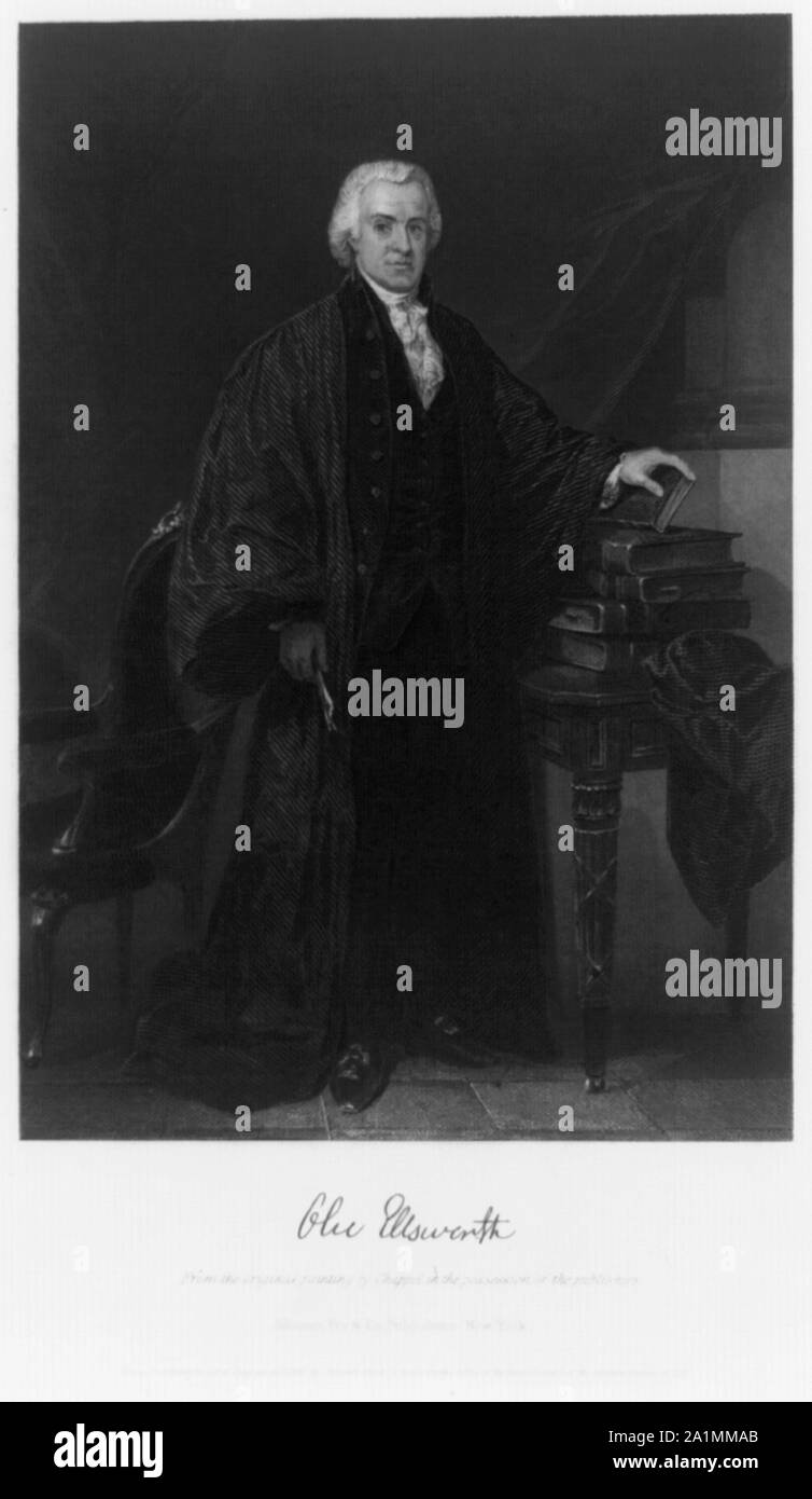 Oliver Ellsworth, ritratto a figura intera, in piedi, rivolto verso destra, la mano sinistra sulla pila di libri Foto Stock