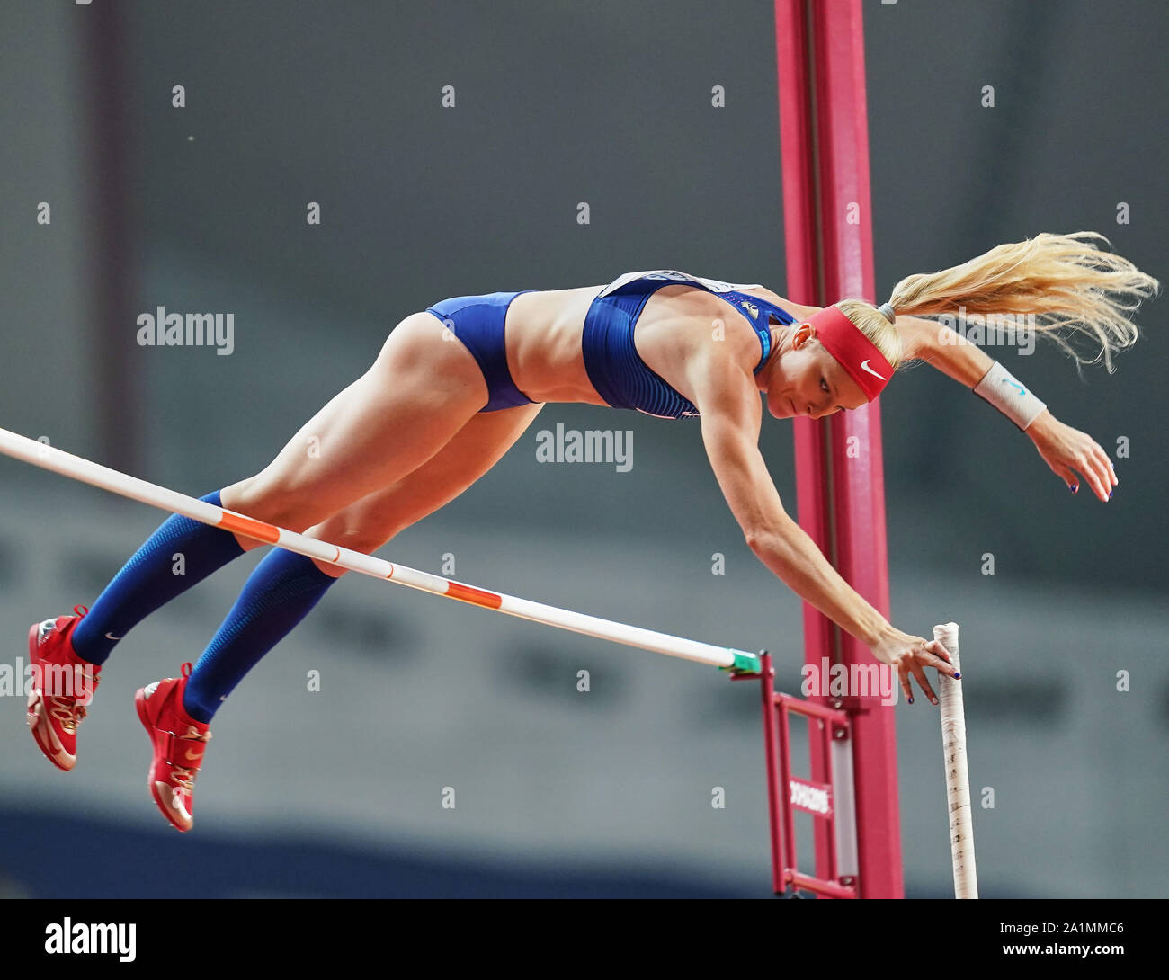 Doha in Qatar. Il 27 settembre, 2019. Sandi Morris degli Stati Uniti durante il XVII IAAF mondiale di atletica match tra ed il Giorno 1 Al Khalifa Stadium di Doha, in Qatar. Ulrik Pedersen/CSM/Alamy Live News Foto Stock