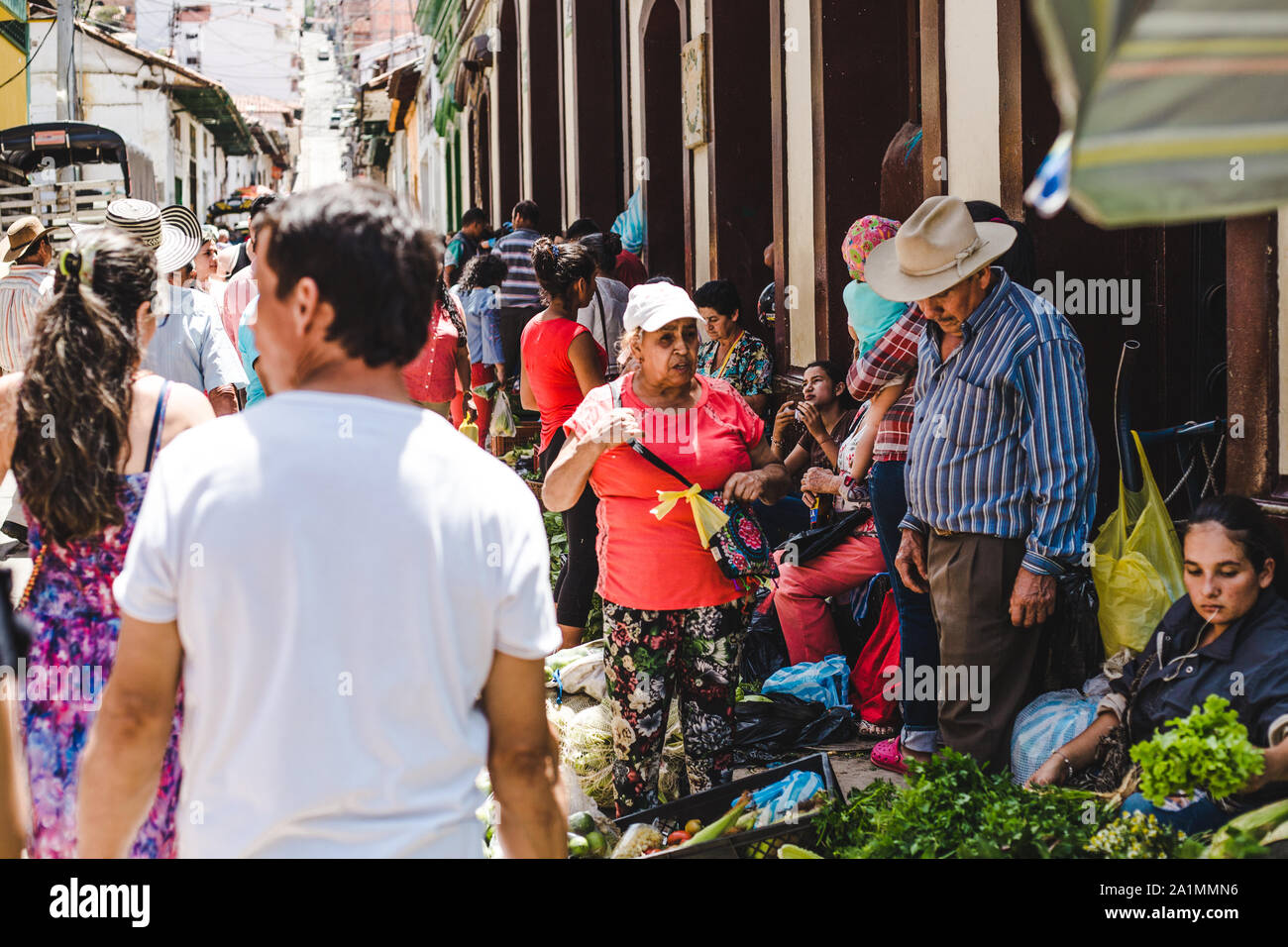 Tipica scena presso il locale mercato di frutta e verdura in Colombia, dove gli agricoltori venuti alla città di San Gil, Santander per vendere i loro prodotti biologici Foto Stock