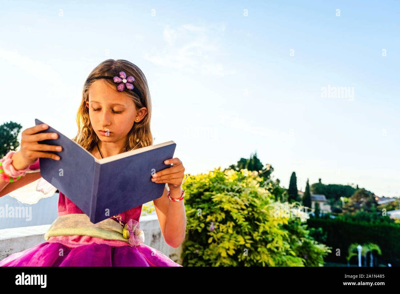 Bambina vestita come una principessa la lettura di una storia, favorendo l'immaginazione. Foto Stock