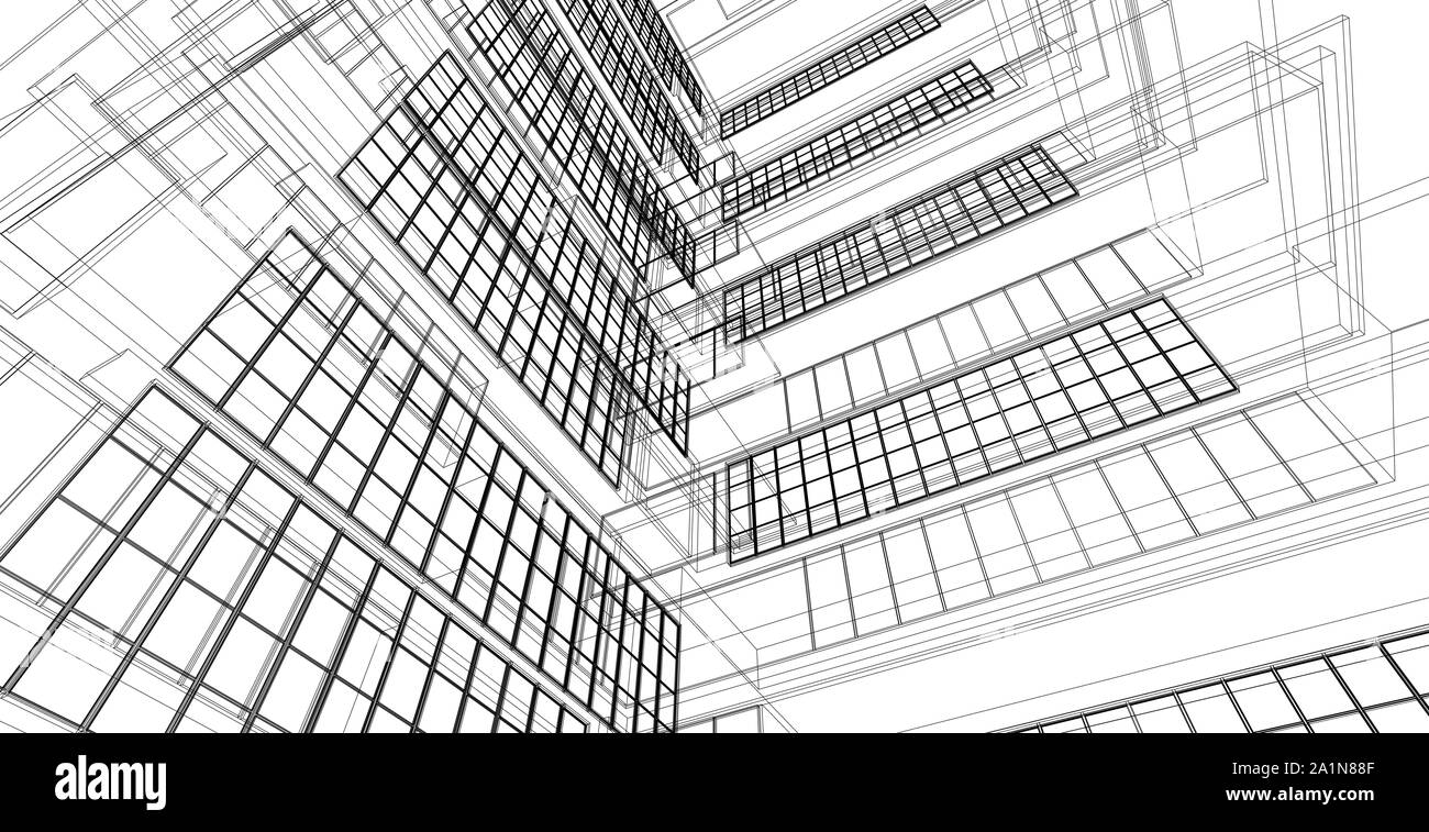 Architettura moderna wireframe. Concetto di urban wireframe. Edificio wireframe 3D'illustrazione dell'architettura Foto Stock