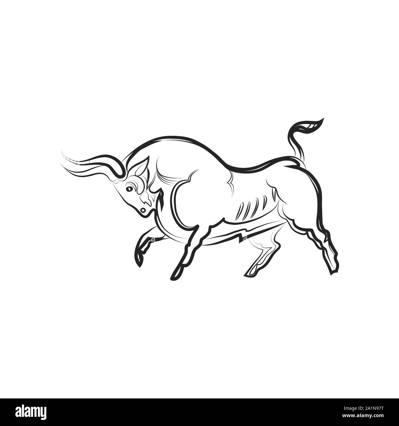 Giovane forte bull in fieri pongono. Disegno a mano. In bianco e nero il vettore bull silhouette isolato. Idea per tattoo, colorazione, zenart, adesivi, logo, ico Illustrazione Vettoriale