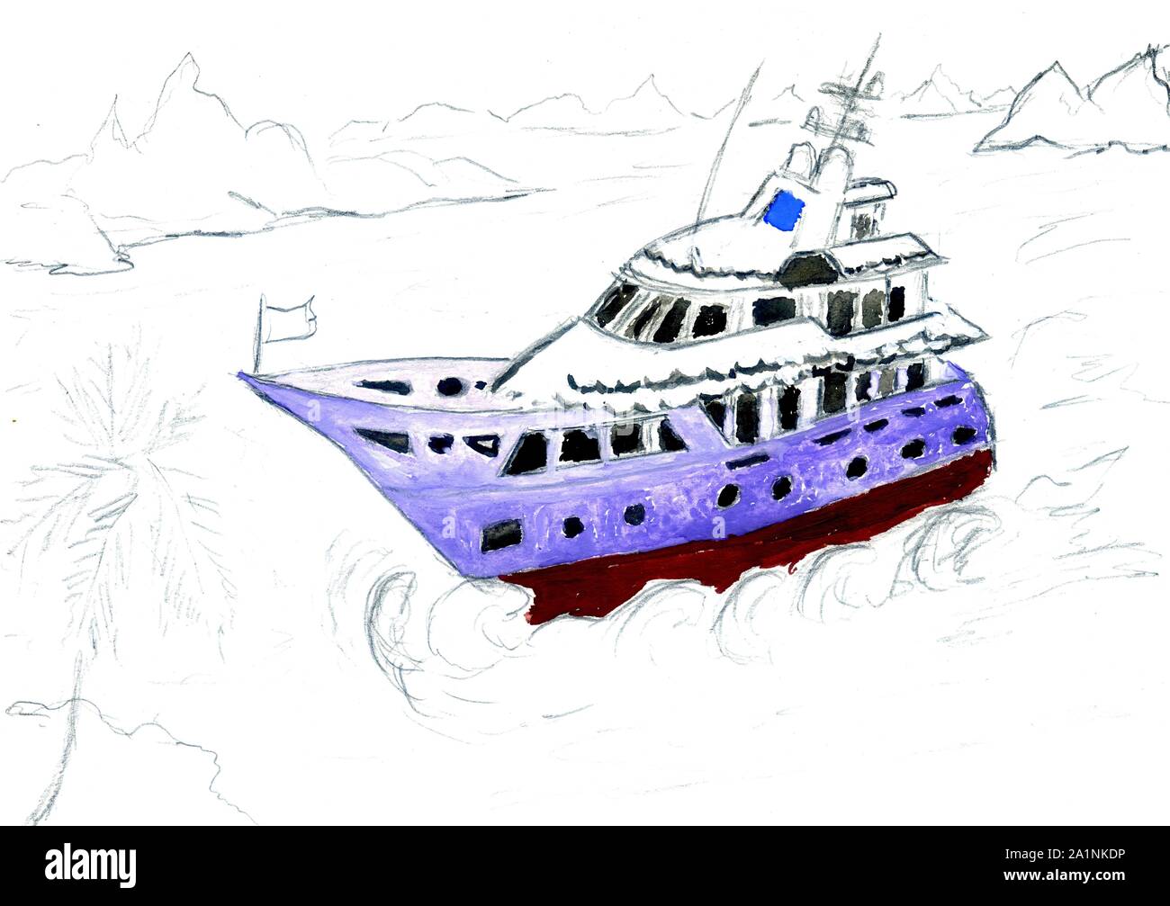 Disegno ad acquerello del moderno yacht a vela in mare. Foto Stock