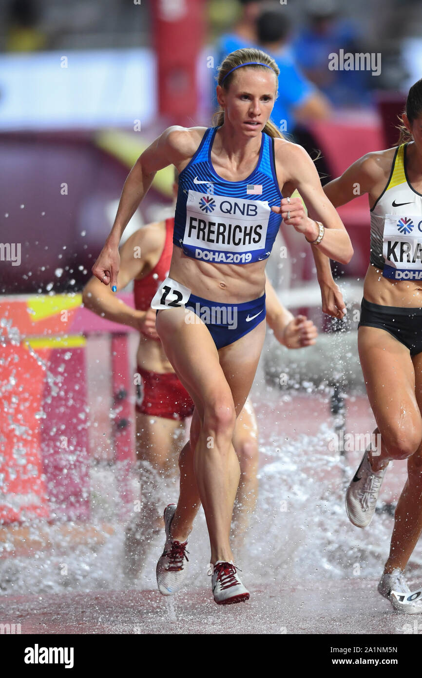 Courtney Frerichs (USA). 3000 metri di siepi donne, riscalda. IAAF mondiale di atletica, Doha 2019 Foto Stock