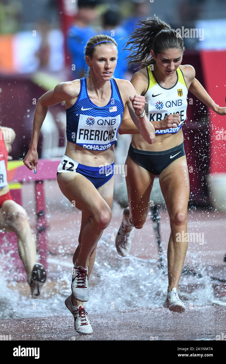 Courtney Frerichs (USA). 3000 metri di siepi donne, riscalda. IAAF mondiale di atletica, Doha 2019 Foto Stock