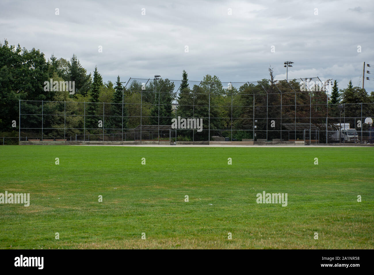 Svuotare il baseball o softball diamond dal retro recinzione e linea di fuoricampo guardando verso l'erba e alberi a New Westminster, British Columbia, Canada. Foto Stock