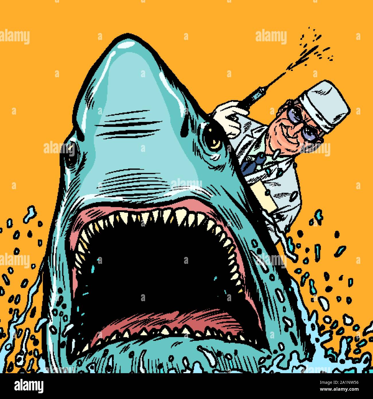 Un dentista e uno squalo, il medico fa cauterizzato. La Pop art retrò illustrazione vettoriale disegno Illustrazione Vettoriale