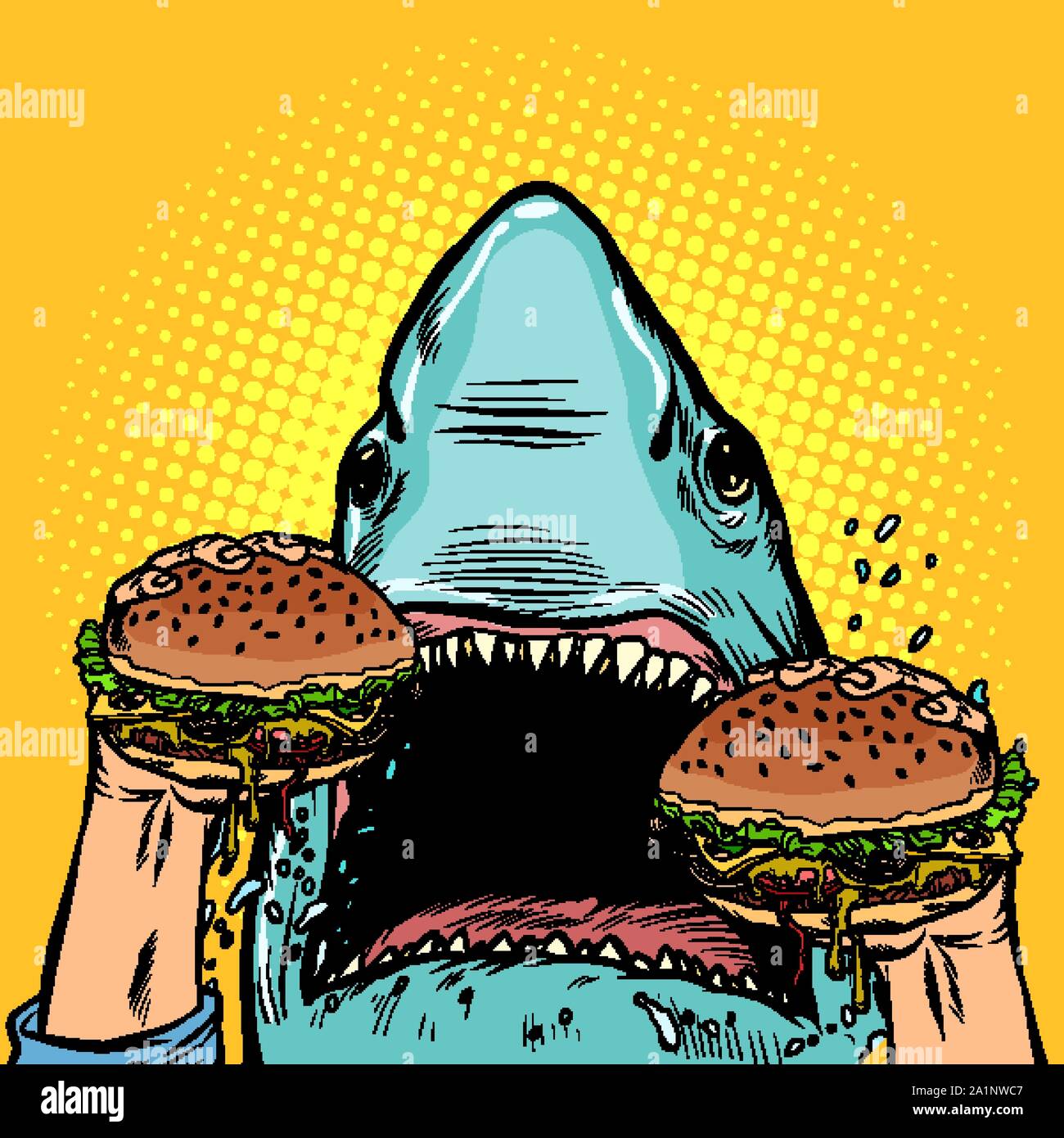 Hungry Shark mangiare il Burger. La Pop art retrò illustrazione vettoriale disegno Illustrazione Vettoriale