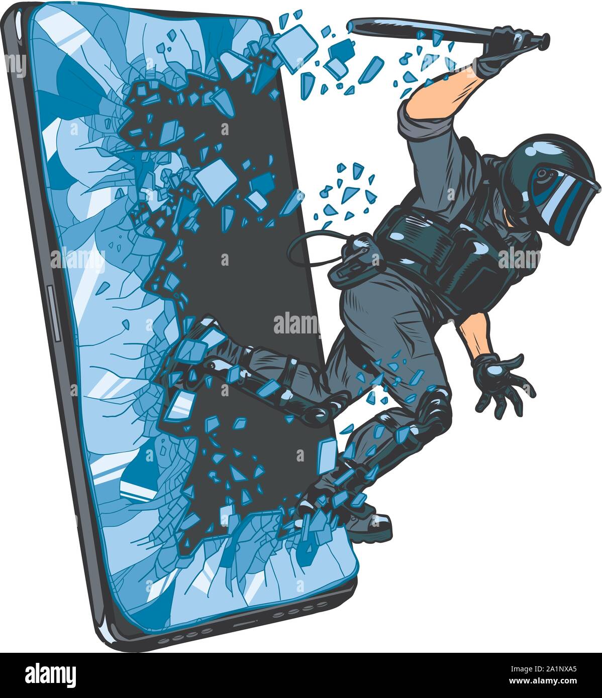 Concetto di Polizia cibernetica. Il monitor di stato Internet. arrestare il pirata informatico. la censura e il divieto di libertà di parola. La Pop art vettore retrò illustr Illustrazione Vettoriale