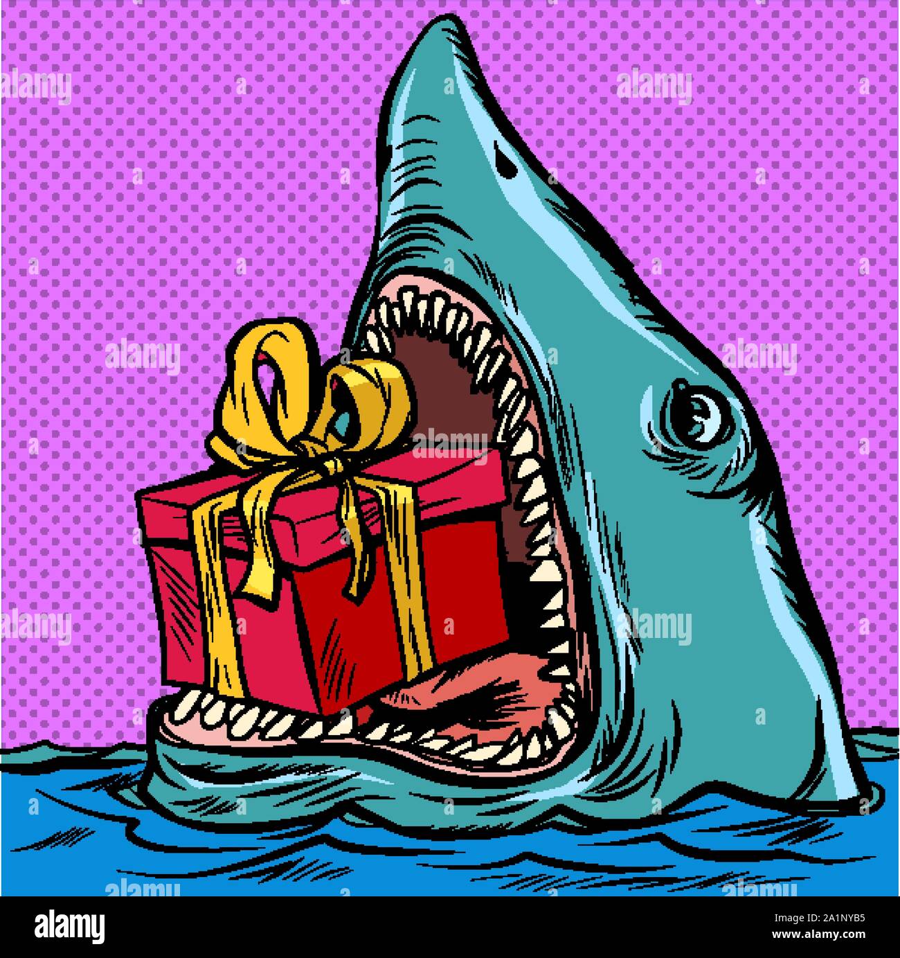 Shark con la confezione regalo. Lo shopping delle feste di Natale il giorno di San Valentino festa di compleanno. La Pop art retrò illustrazione vettoriale kitsch disegno vintage Illustrazione Vettoriale