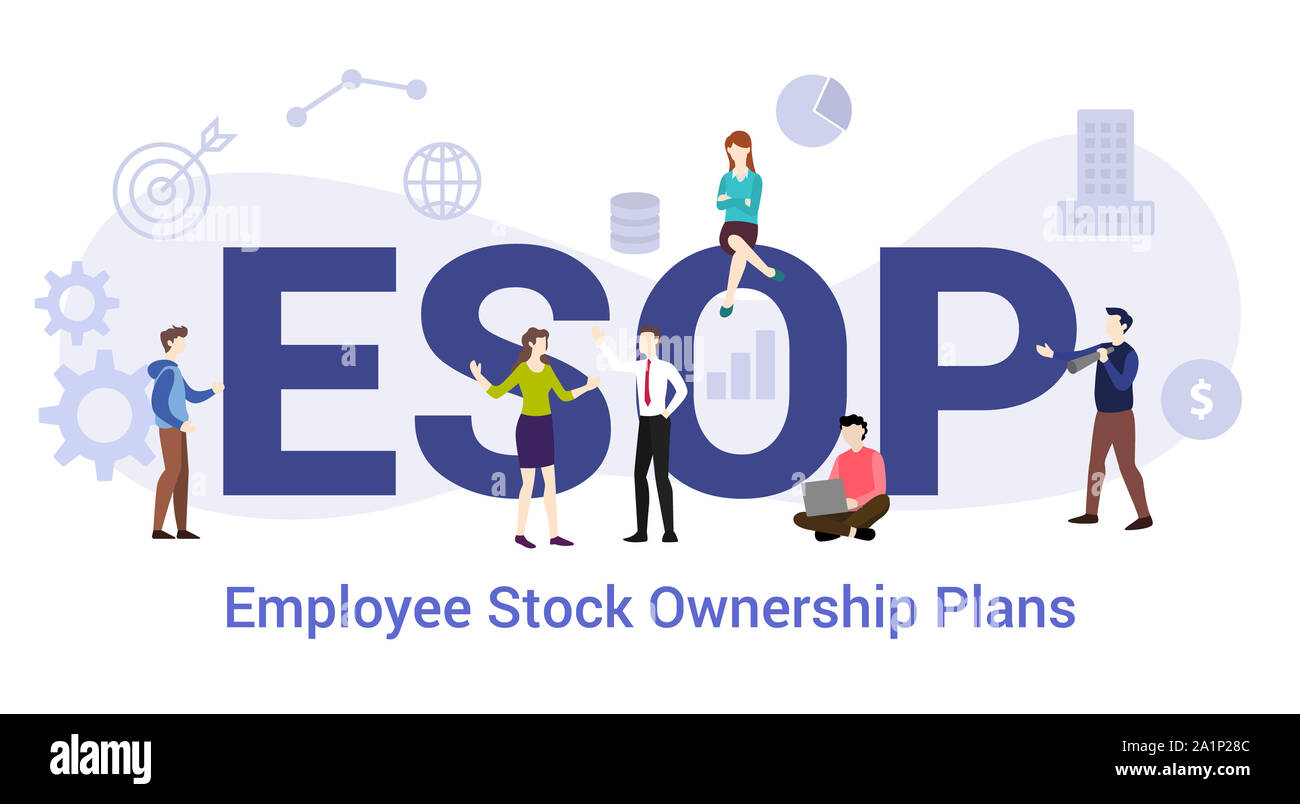 Esop employee stock ownership plans concetto con grande parola o il testo e il team di persone con un moderno stile piatto - illustrazione vettoriale Foto Stock