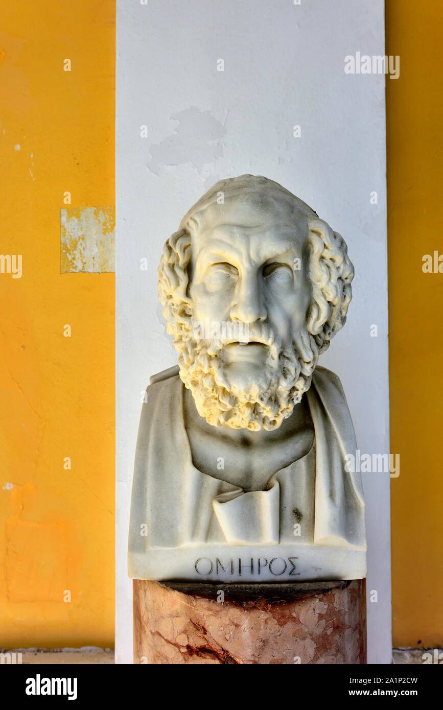 Busto del poeta greco Homer, Palace,Gastouri,l'isola di Corfù, isole Ionie, Grecia Foto Stock