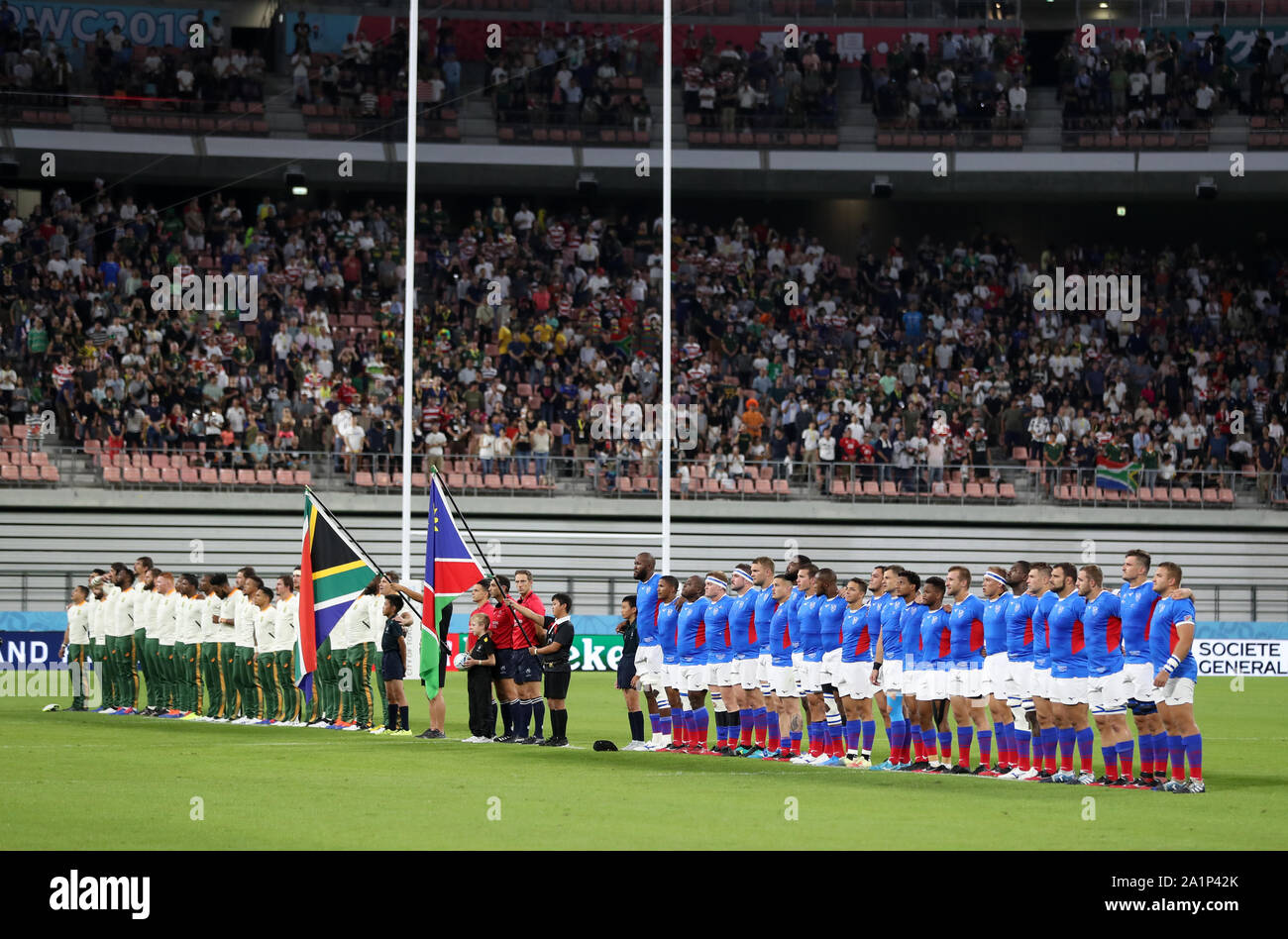 Il Sudafrica e la Namibia line up durante il 2019 Rugby World Cup Match presso la città di Toyota Stadium, Toyota City, Giappone. Foto Stock