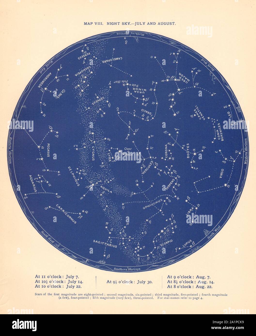 STAR MAPPA VIII. Il cielo di notte. Luglio-agosto. Astronomia. PROCTOR 1887 vecchio Foto Stock