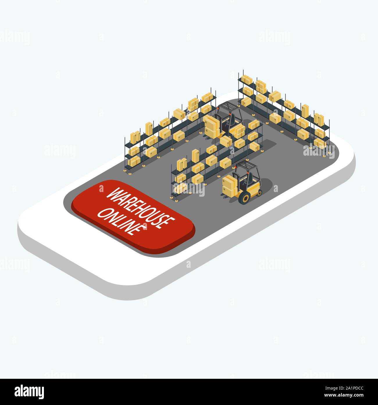 Smart warehouse management system app. Smartphone con ripiani del magazzino e carrelli elevatori e magazzino pulsante on-line. Isometrica illustrazione vettoriale. Illustrazione Vettoriale