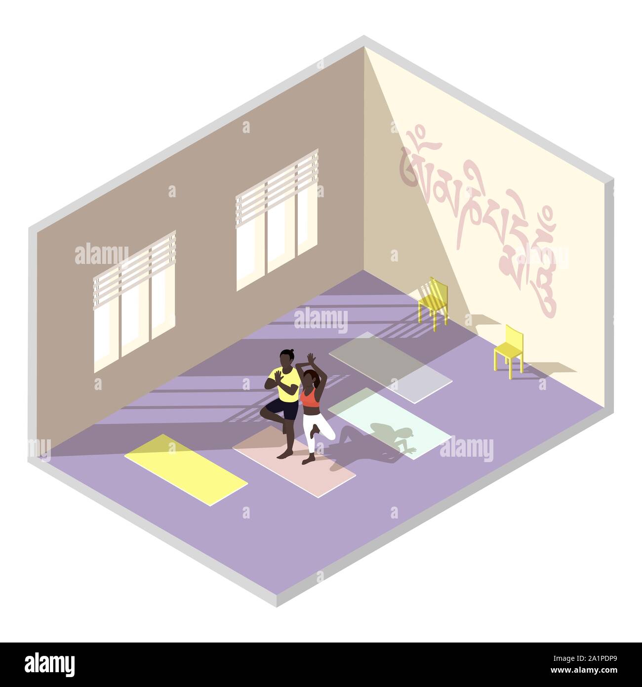 Formazione Yoga studio con African American insegnanti, isometrica del vettore Illustrazione Vettoriale