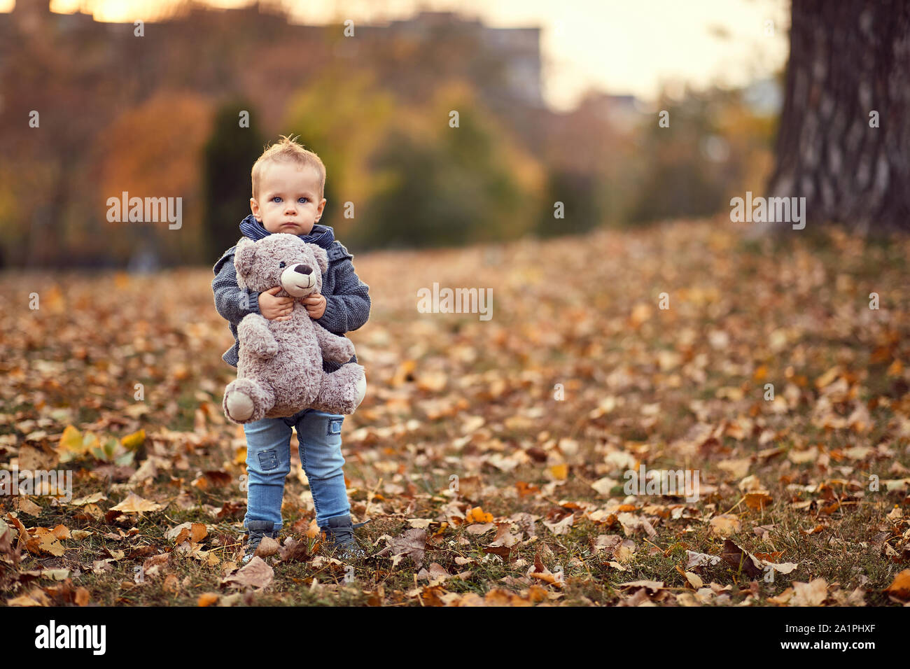 Bambino felice ragazzo giocando, sorridente e divertirsi in autunno il parco della città. Di colore giallo brillante e alberi e foglie Foto Stock