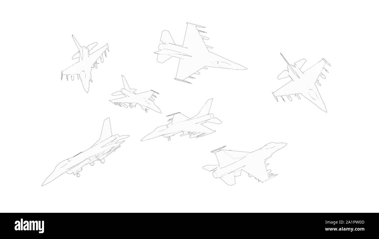 3D rendering di una visualizzazione multipla di un caccia isolato in uno sfondo bianco Foto Stock