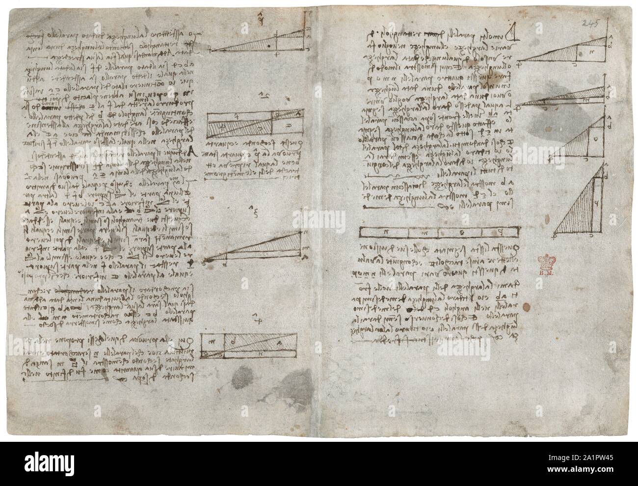 Taccuino di Leonardo da Vinci (''il Codice Arundel''). Una raccolta di documenti scritti in italiano da Leonardo da Vinci (b. 1452, d. 1519). Codice Arundel 245r. Foto Stock