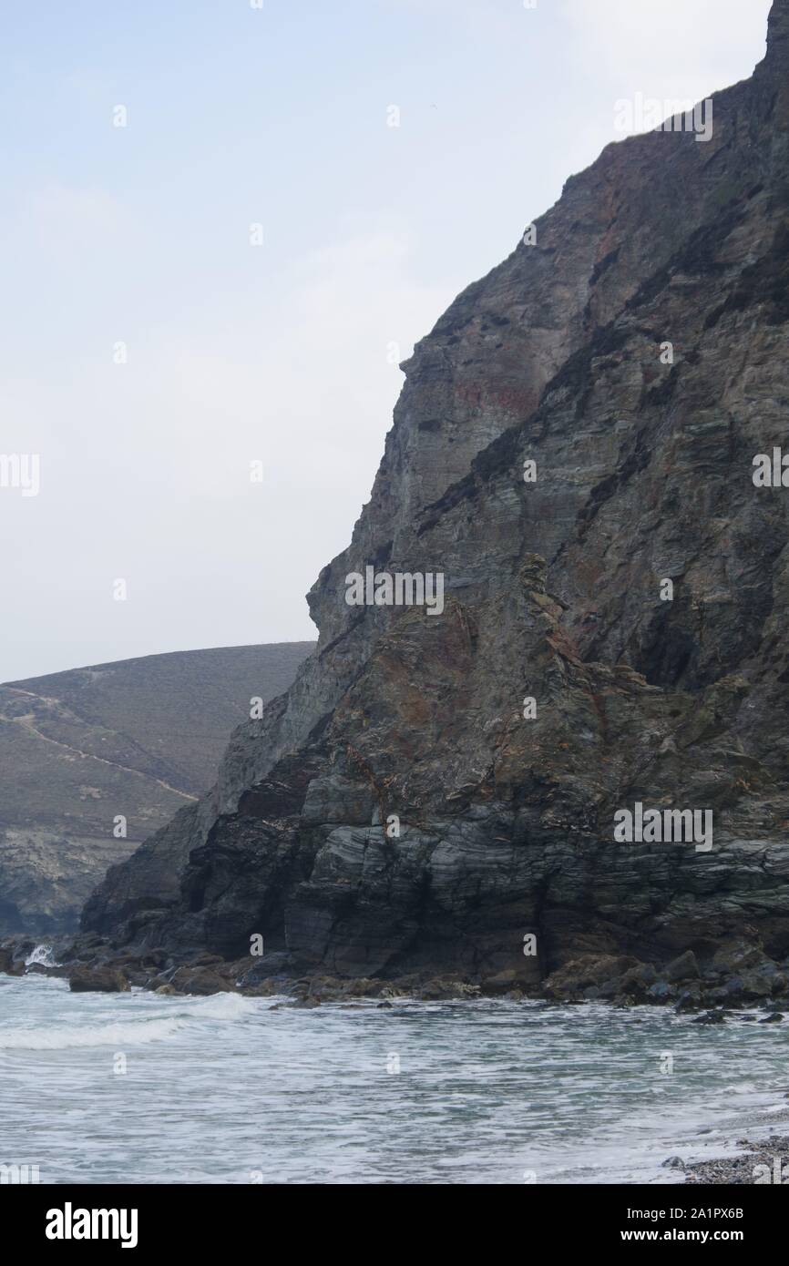 Robusto Sea Cliff Trevaunance Cove, di Metasedimentary Turbidite Geologia.. St Agnes, North Cornwall, Regno Unito. Foto Stock