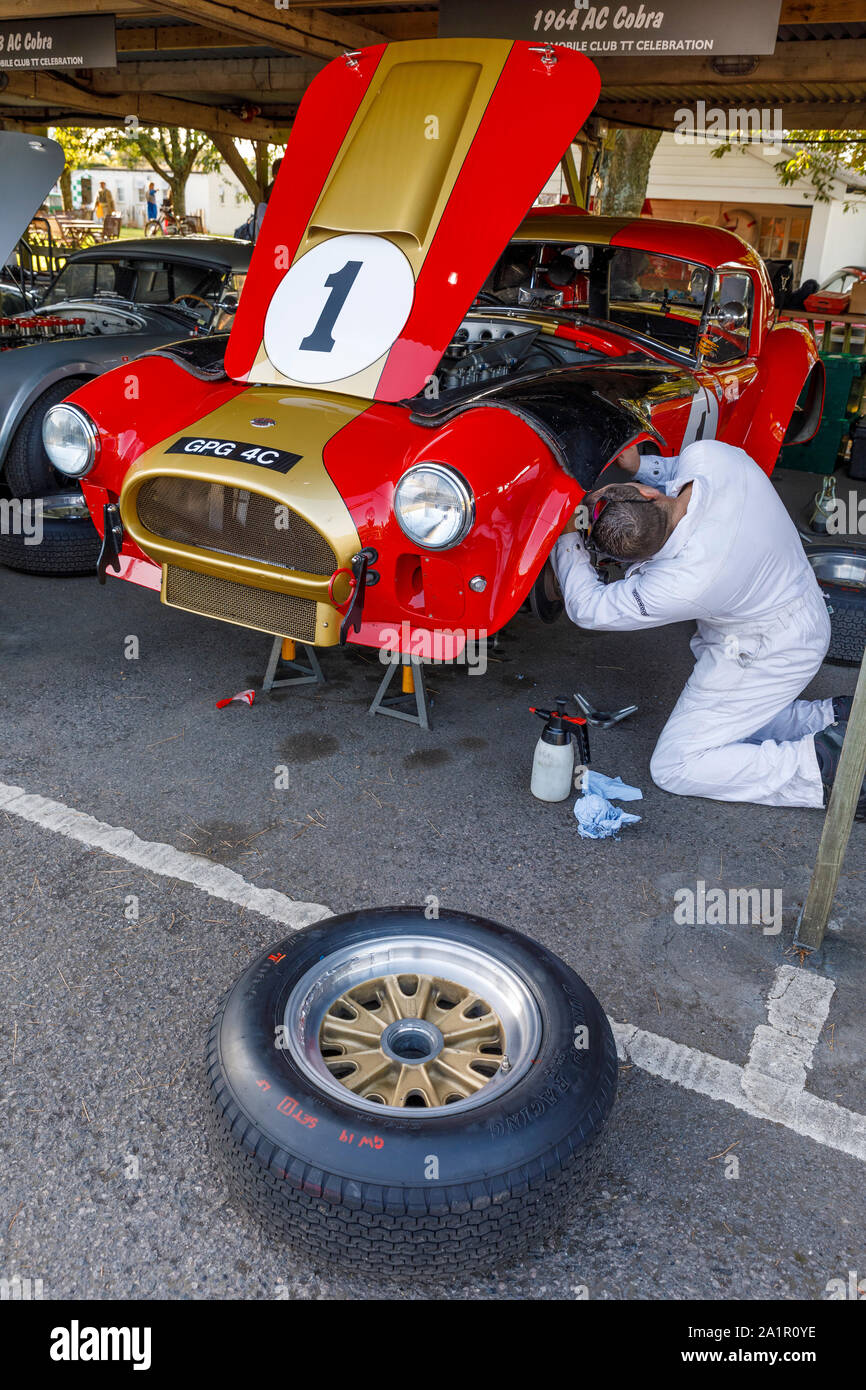 1964 AC Cobra 4,7 litro nel paddock garage essendo preparato da meccanico durante il 2019 Goodwood, Sussex, Regno Unito. RAC TT celebrazione concorrente. Foto Stock